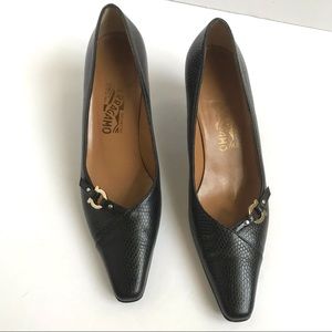 Salvatore Ferragamo Black Snakeskin Leather and Classic Gancini Logo Heel 8